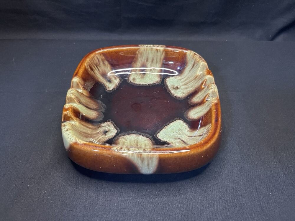 Mid-century Modern Square Ceramic Ashtray Brown Green Drip Glaze Vintage